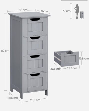Шафка для ванної кімнати VASAGLE з 4 висувними ящиками, 30 x 30 x 82 см, білий колір, для ванної, вітальні, кухні, їдальні