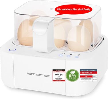 Електрична яйцеварка Emerio EB-115560, 3 рівні приготування, голосове повідомлення, інноваційний дизайн, біла, модель 2022, для яєць будь-якої консистенції (німецька мова)