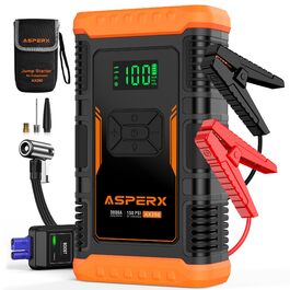 Бустерний пускач ASPERX 3000A з компресором 150 PSI, Powerbank для авто та мотоциклів 12V (до 10л бензин / 8л дизель), з LED-ліхтарем, чорно-помаранчевий
