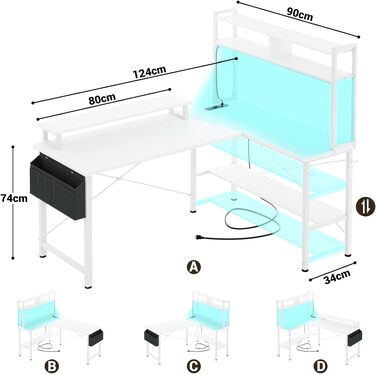 Кутовий ігровий стіл iSunirm L-подібний з LED-підсвіткою, розетками, підставкою для монітора та полицею, білий