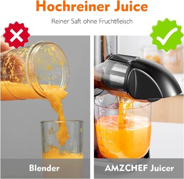 Соковижималка AMZCHEF для овочів і фруктів, електрична шнекова, зворотний хід, без фільтра, щітка, 2 чаші, колір оранжевий, тиха, преміум якість