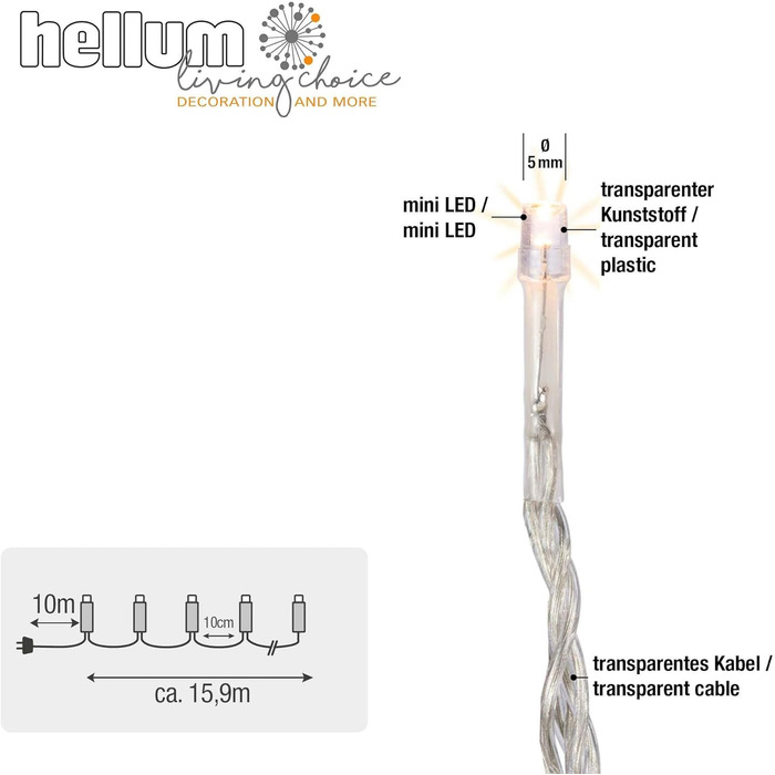 Світлодіодна гірлянда hellum для вулиці й дому, 160 LED, тепле біле світло, з таймером, прозорий кабель, довжина 15,9 м, електрична