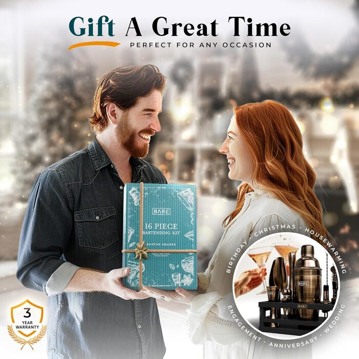 Набір для коктейлів BARE BARREL Mixology Barkeeper-Set, 16 предметів, з коблер-шейкером 24oz, аксесуарами для бару та картками рецептів, латунь/чорний