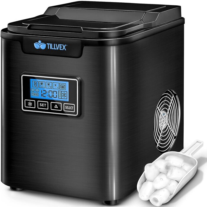 Машина для льоду tillvex з нержавіючої сталі, 12 кг/24 год, LCD дисплей, таймер, самоочищення, резервуар 2,2 л, 3 розміри кубиків, чорна