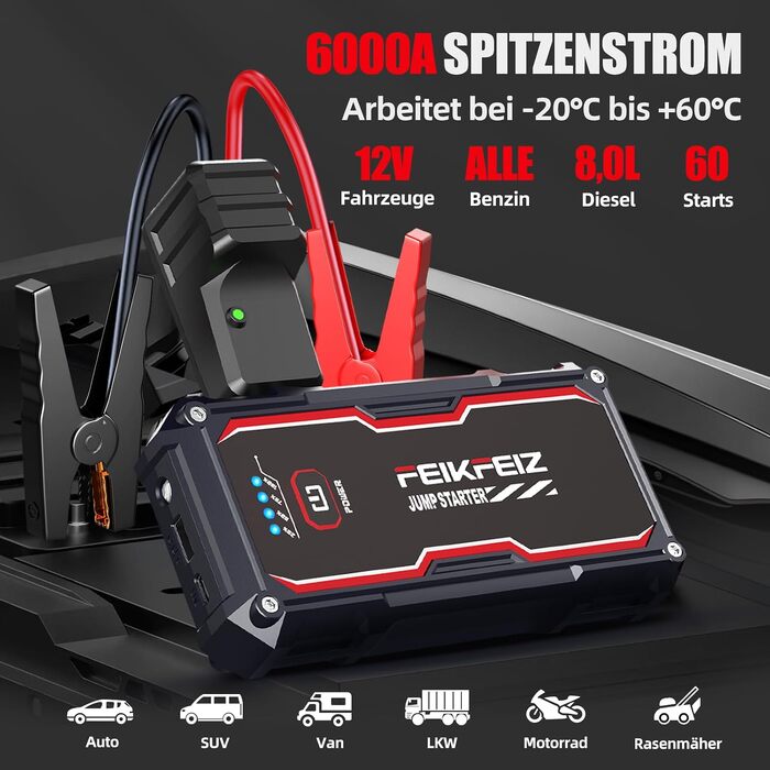 Автомобільний зарядний пристрій FEIKFEIZ Auto Starthilfe Powerbank, пусковий пристрій 6000A 26800mAh для 12V акумуляторів (бензин та дизель до 8.0L), з USB-портом та LED-ліхтарем