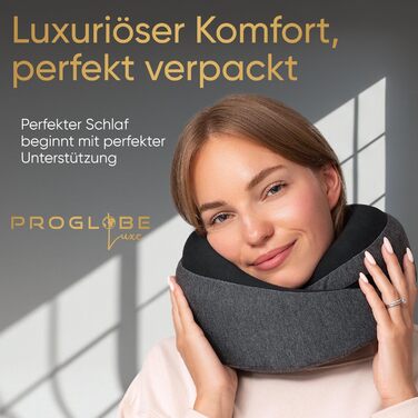 Подорожній нашийник Proglobe Luxe з ефектом пам'яті (Memory Foam), колір антрацит — ергономічна подушка під шию з підтримкою підборіддя та сумкою для зберігання