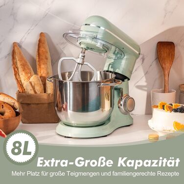Кухонний комбайн-міксер Kitchen in the box Fab-Serie 8л, потужність 2000Вт, 10 швидкостей, з насадками (вінчик, гак, міксер), Зелений