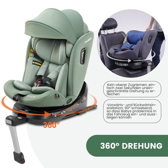 Дитяче автокрісло Jovikids 360° з ISOFIX, i-Size 40-150 см, від народження до 12 років, з функцією обертання, лежачим режимом, знімним козирком, стандарт ECE R129, зелений