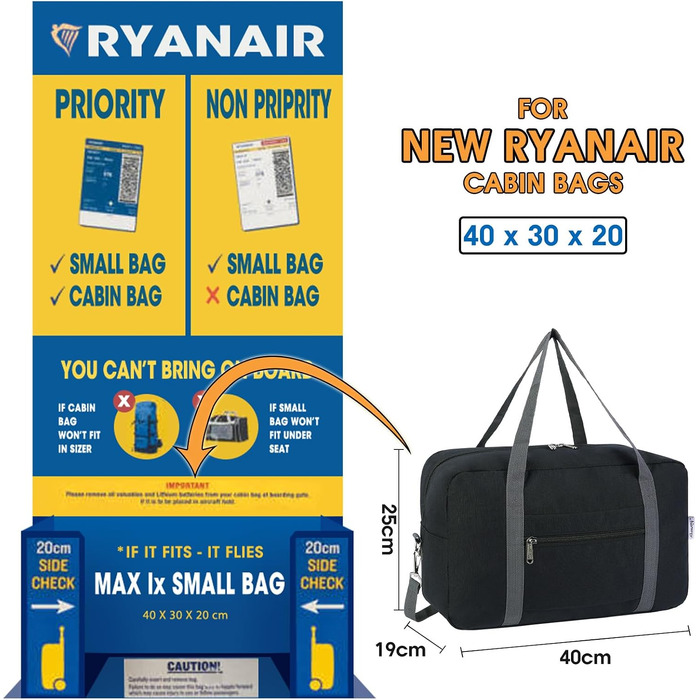 Складана сумка для ручної поклажі Narwey для Ryanair (40x30x20 см), чорна, з плечовим ременем