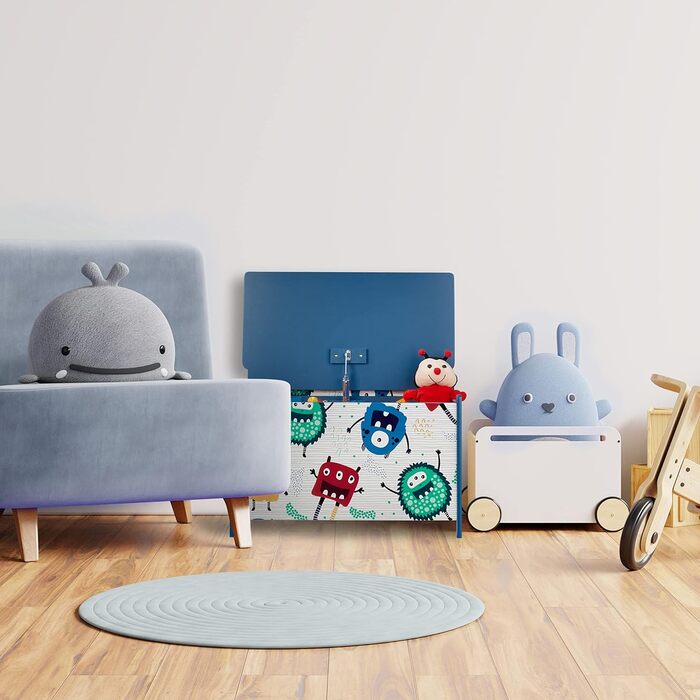 Скриня для іграшок Relaxdays у вигляді монстра, з кришкою, 50x60x36,5 см, МДФ, ігровий ящик синьо-білий