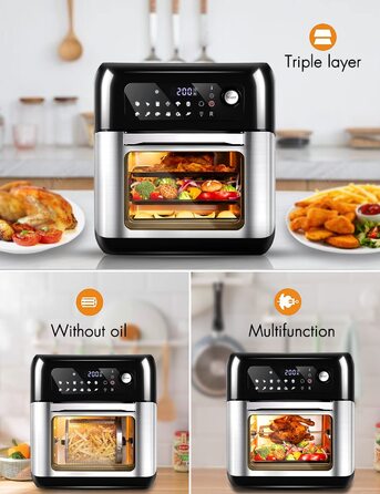 Аерофритюрниця Uten 10 л, 12-в-1, LED-дисплей, 1500 Вт, нержавіюча сталь, з аксесуарами та рецептурником, чорна