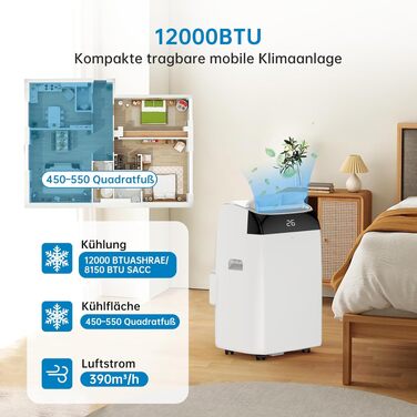 Мобільний кондиціонер Acekool 12000 BTU 4-в-1 з нічним режимом, енергокласу A, для кімнат до 51м²