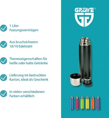 Термос GRÄWE 1 л, нержавіюча сталь, чорний, з чашкою, ізотермічна пляшка для напоїв, герметична, для подорожей, підходить для посудомийної машини