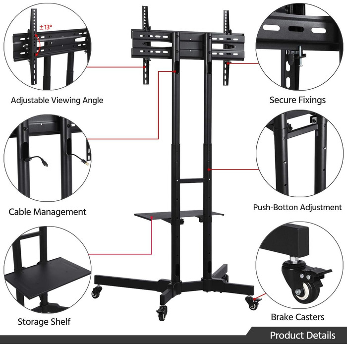 Yaheetech мобільна підлогова стійка для телевізора 32-75 дюймів, роликовий TV стенд з полицею, регульована висота, подвійні стійки, VESA 600x400 мм