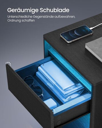 VASAGLE приліжковий столик з LED-підсвіткою, розетками та USB, сучасний, ящик, для спальні і вітальні, чорний