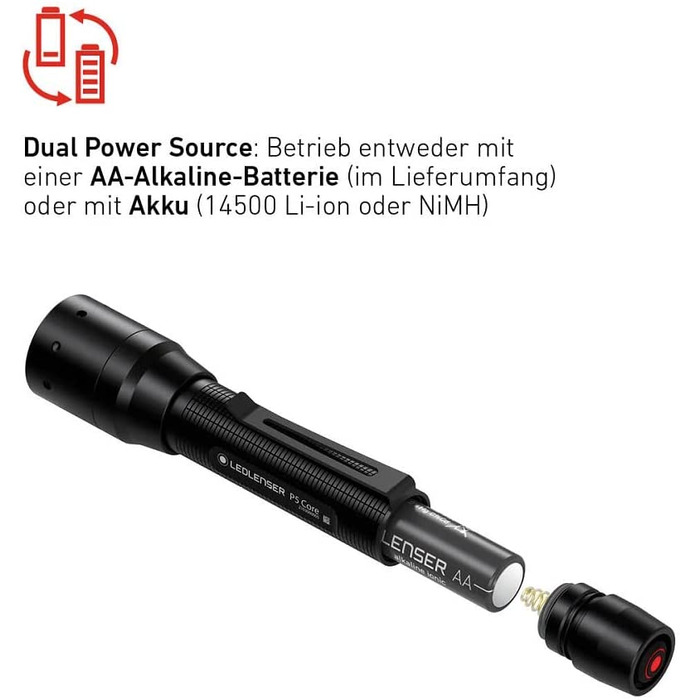 Ліхтарик Ledlenser P5 Core компактний LED, 150 лм, фокусування, 1x AA, 90 м, з батарейкою, акумуляторний