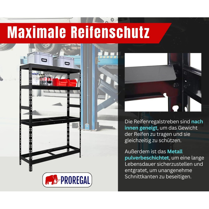 Стелаж для шин PROREGAL Tiger XL: 200x180x45 см, 300 кг навантаження, до 205/55 R16, для майстерні, складу, підвалу (12 шин + 2 полиці, чорний)