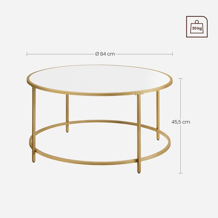 VASAGLE круглий журнальний стіл для вітальні, стіл із сталевим каркасом, біло-золотий, універсальний столик для вітальні