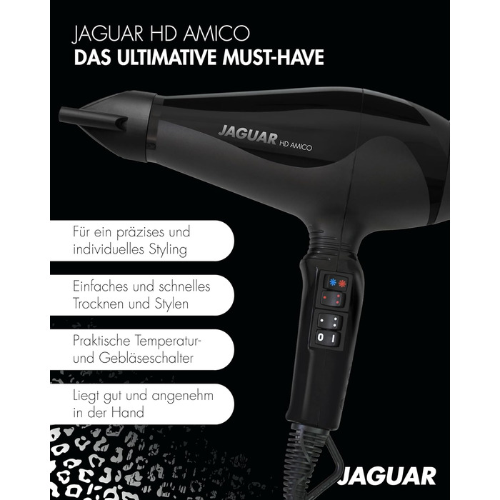 Професійний фен JAGUAR HD AMICO з потужним мотором, холодним обдувом і налаштуванням температури для укладки волосся