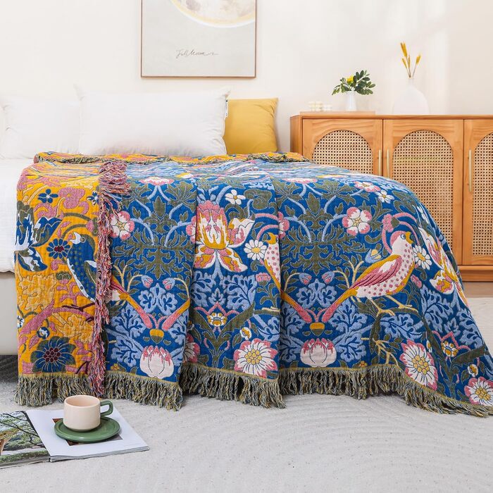 Плед Boho з 100% бавовни, стиль кантрі, 150х200 см (Птахи та квіти)