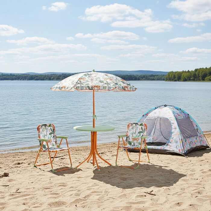 Дитячий садовий набір Relaxdays: стіл, 2 стільчики та парасолька, білий з малюнком
