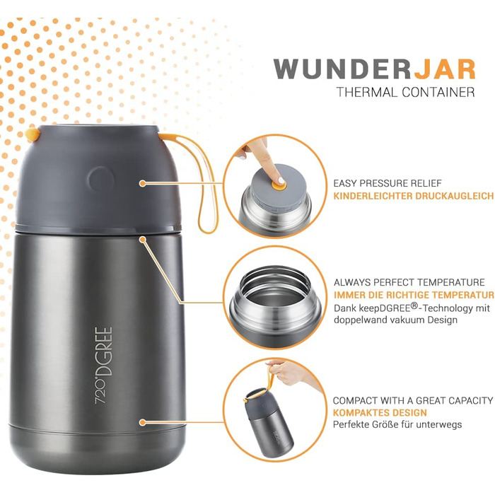 Термос для їжі 720°DGREE wunderJar 450/650 мл, нержавіюча сталь, герметичний, BPA Free, для гарячих і холодних страв, супу, каші, дитячого харчування, з рецептами, Stone Gray