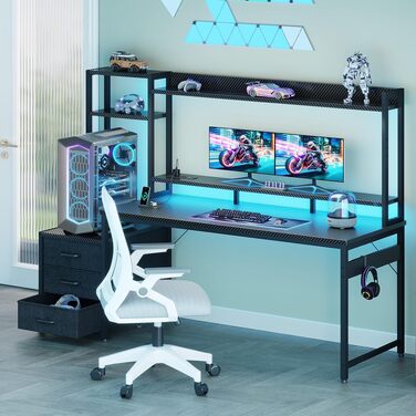 Ігровий стіл Coleshome з полицями та шухлядами, 161×48 см, з LED-підсвіткою, розеткою та підставкою для монітора, вуглецеве волокно (Carbon Fiber), чорний
