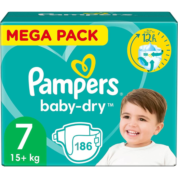 Підгузки Pampers Baby-Dry Нічні, розмір 7 (15+ кг), 186 шт, Mega Pack на 1 місяць, до 12 годин сухості, противитікання