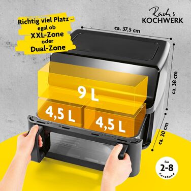 Аерофритюрниця Rachs KOCHWERK Vario-Doppelkammer 9 л з подвійною камерою, сенсорним керуванням та 8 програмами, 2700 Вт, чорна