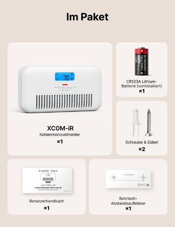 Розумний датчик чадного газу X-Sense XC0M-iR з WLAN, голосовим сповіщенням, дисплеєм температури та вологості, підтримкою App та змінною батареєю
