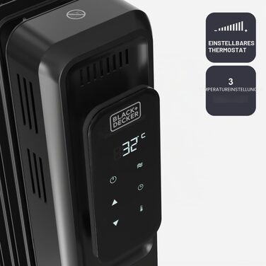 Масляний радіатор BLACK+DECKER BXRA2300E, 2000 Вт, 9 секцій, з регульованим термостатом та захистом від перегріву, чорний