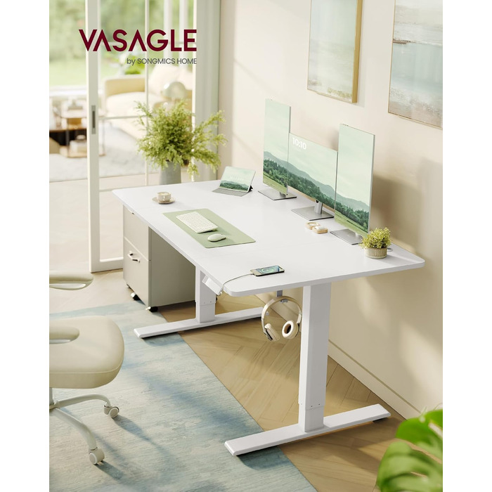 Регульований по висоті письмовий стіл VASAGLE з USB-C портом, 140 x 80 см, колір хмарно-білий
