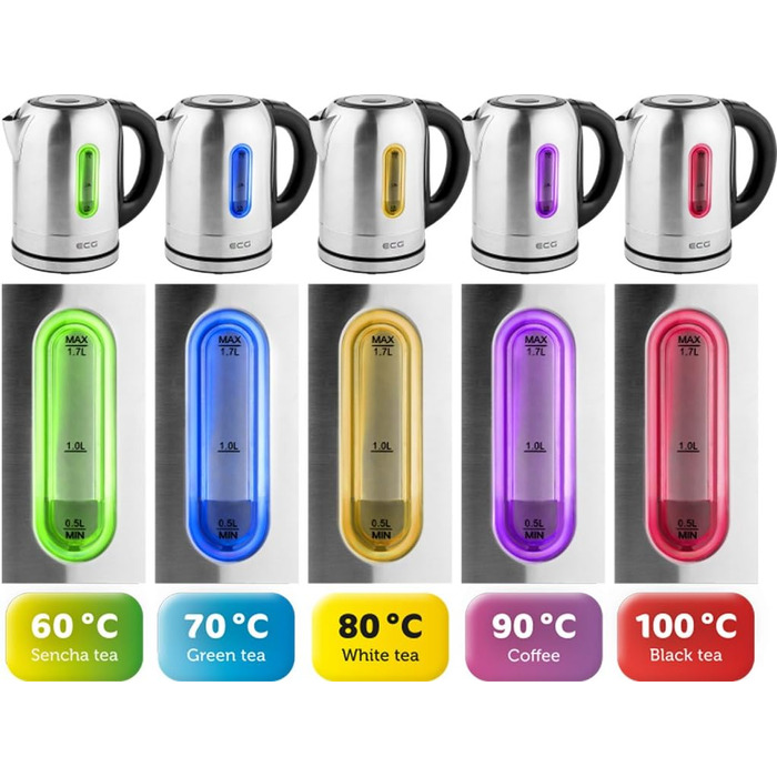 Електрочайник ECG RK 1785 Colore, 1,7 л, нержавійка, підсвічування 5 кольорів